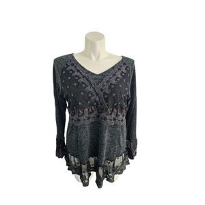 Panitti Lace Blouse Women 2X Plus Black Overlay Dressy Top